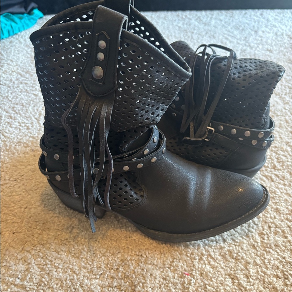 Bohemian Black Ankle Booties with Fringe and Studs
